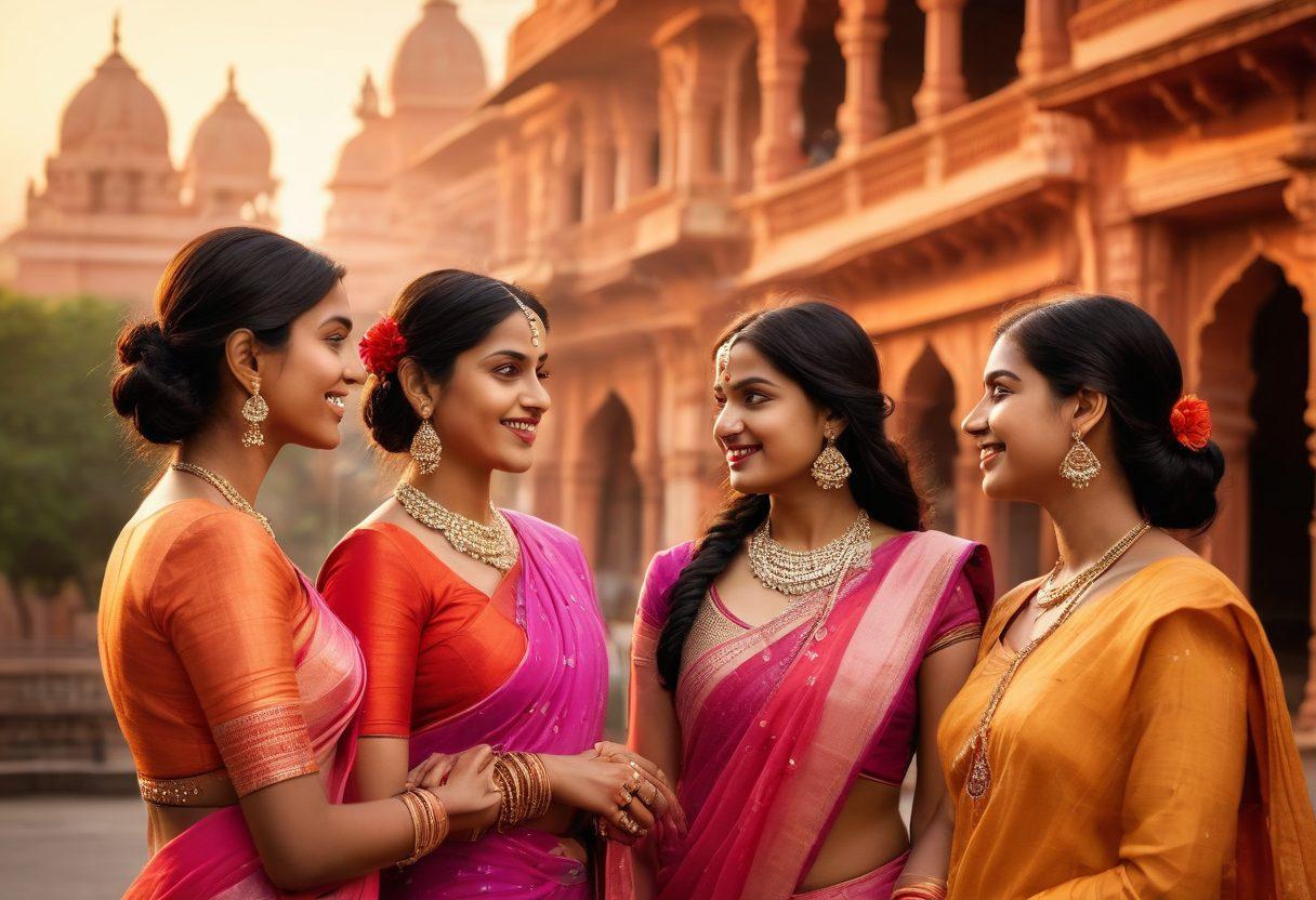 A captivating scene showcasing a diverse group of charismatic Indian women, confidently engaging in lively conversation in a vibrant urban setting. The backdrop features iconic Indian architecture illuminated by sunset hues, with elements of fashion and culture woven throughout. Include subtle symbols of romance like hearts or flowers to enhance the theme of lasting connections. rich colors, dynamic composition, warm atmosphere.