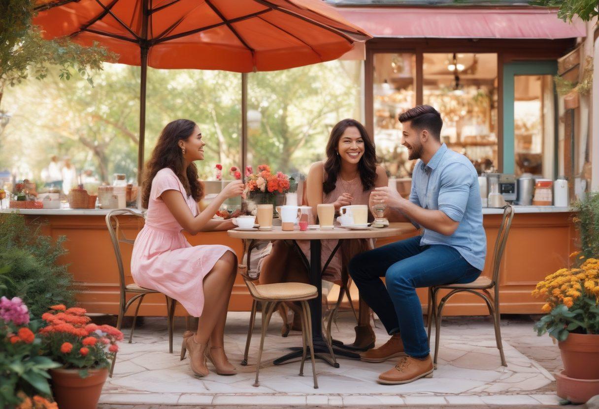 A lively scene depicting diverse couples engaging in various dating activities like a coffee date, a walk in the park, and a fun cooking class, surrounded by whimsical hearts and motivational quotes about love and relationships. The background should be filled with soft, warm colors to evoke a sense of connection and joy, and include elements like cozy café decor and blooming flowers. super-realistic. vibrant colors. warm tones.