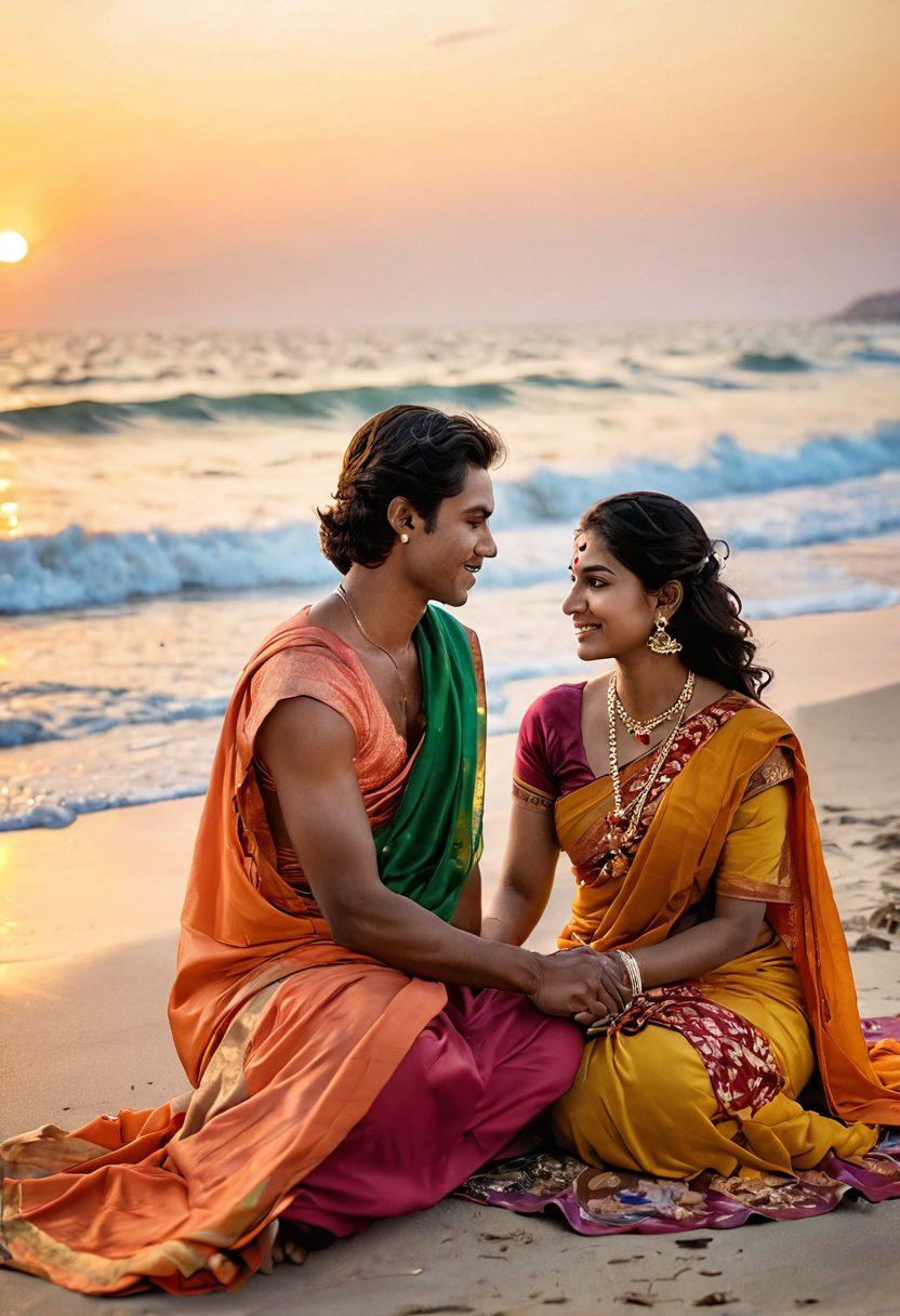 A romantic scene showcasing a couple sitting together on a beautiful Indian beach during sunset, their hands intertwined, with soft waves crashing in the background. The woman wears a colorful saree that flows elegantly in the breeze, while the man looks at her adoringly. Surround them with delicate floral decorations typical of Indian culture, creating a warm and inviting atmosphere. super-realistic. vibrant colors. warm tones.